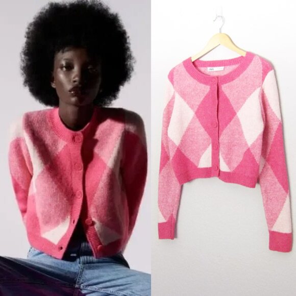 Zara Sweaters - Zara Argyle Knit Sweater Cardigan L Pink Barbie Y2K Retro Preppy Girly Romantic